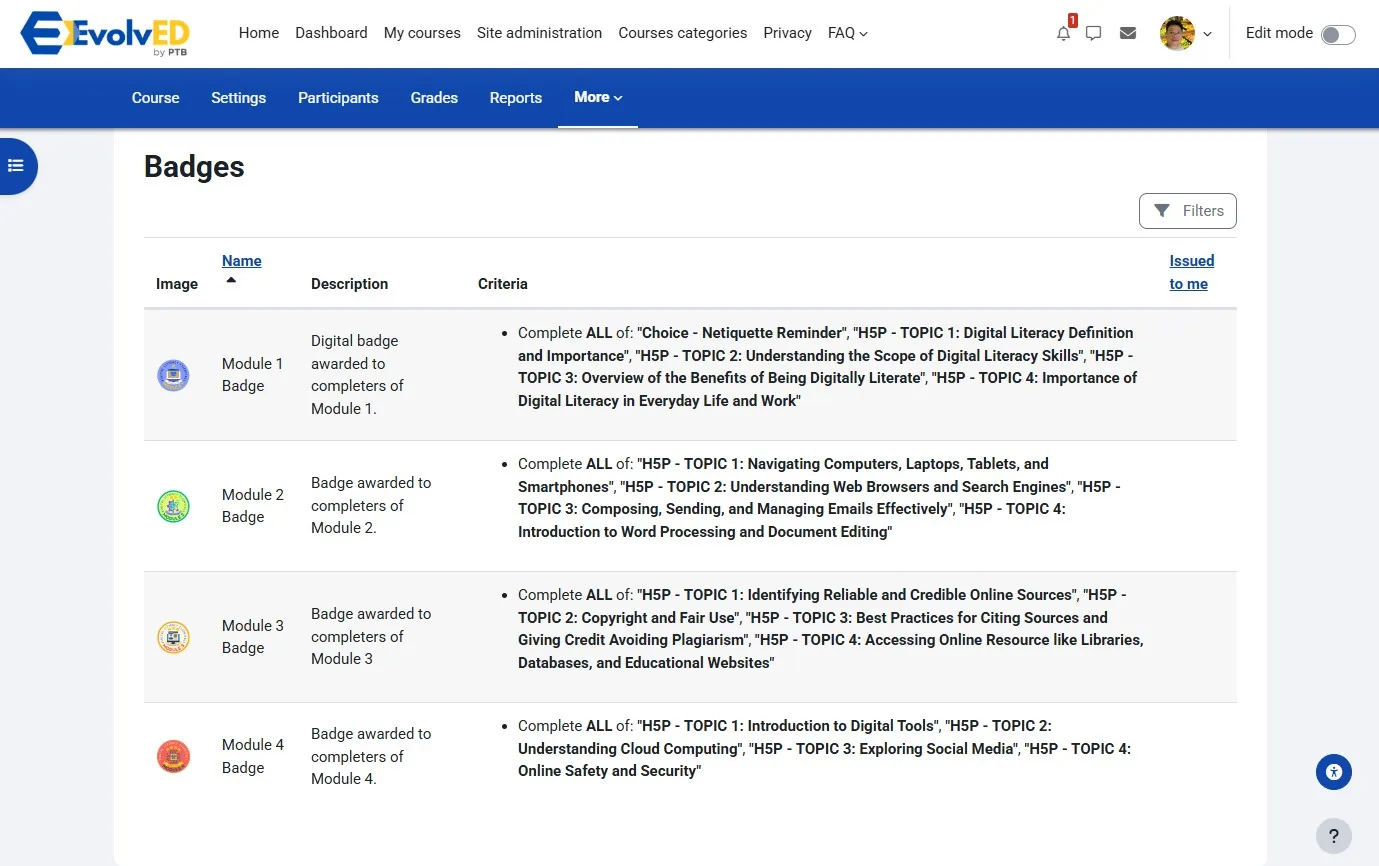 Module badges in EvolvED